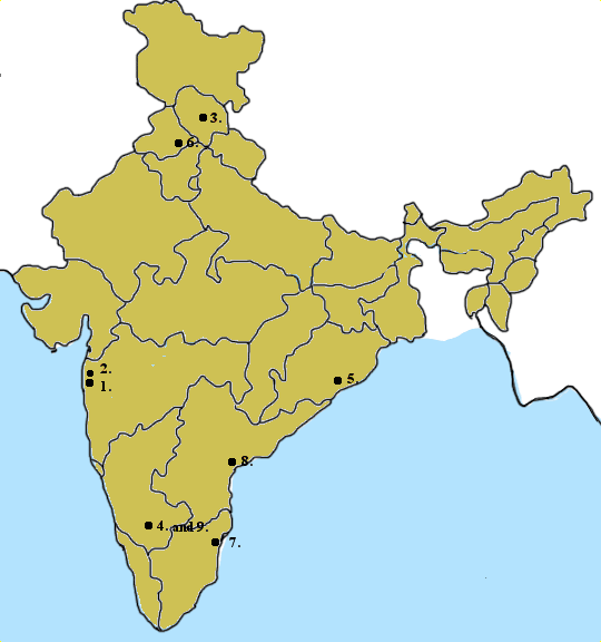 map of India with numbered locations
